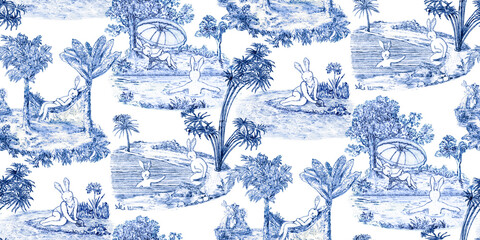 Vacation Bunnies seamless pattern. Toile de Jouy style - 468367228