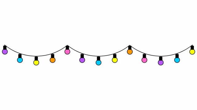 Animated multicolored garland from glowing light bulbs. Looped video. Vector illustration isolated on the white background. 
