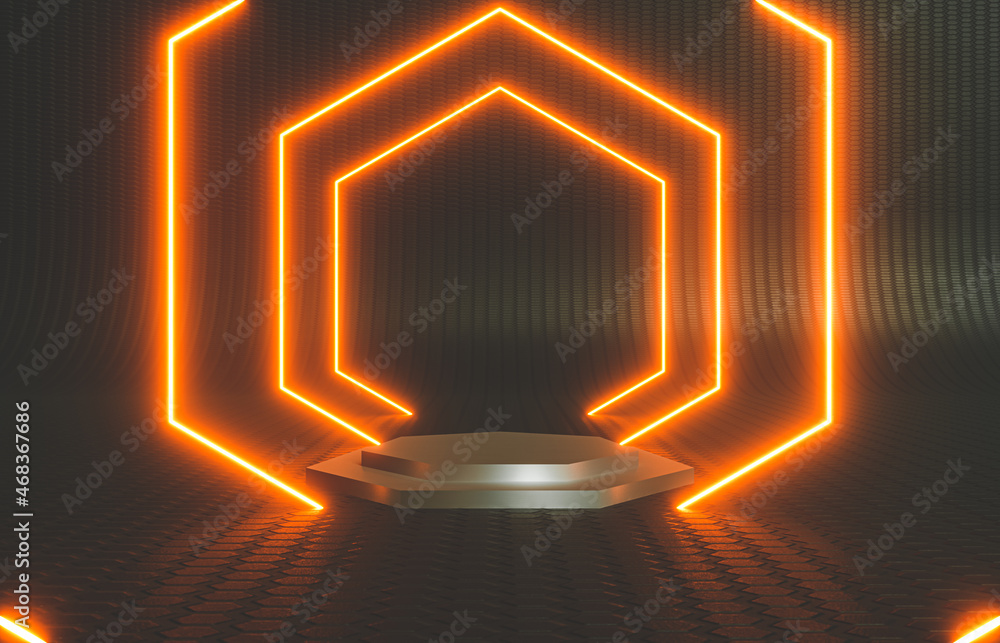 Poster Abstract black stage with neon led light. 3d rendering.