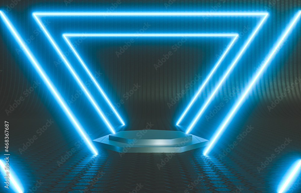 Poster abstract black stage with neon led light. 3d rendering.