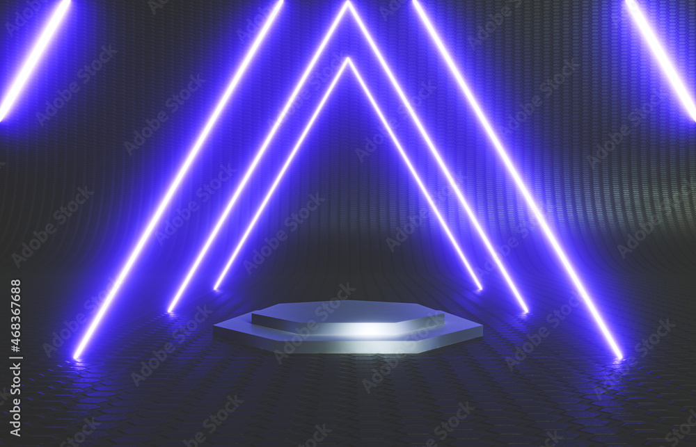 Aufkleber abstract black stage with neon led light. 3d rendering.