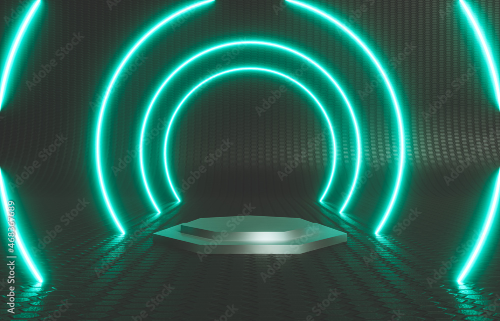 Poster Abstract black stage with neon led light. 3d rendering.