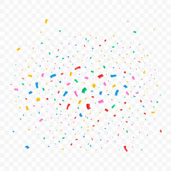 Confetti vector illustration for festival background. Colorful tinsel and confetti explosion. Multicolor confetti on transparent background. Event and party celebration. Festival elements.
