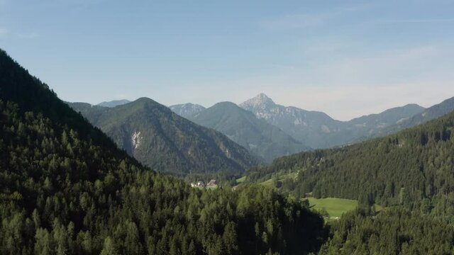Aerial view Top Alps. Landscape of mountain pine forests with mountain ranges on which trees grow.