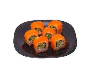 Isolated photo of a set of philadelphia rolls on black plates on a white background