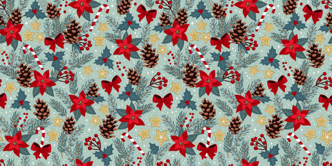 Lovely Christmas seamless pattern with branches, flowers and decoration, cute and festive background, great for textiles, wrapping, banners, wallpapers - vector design