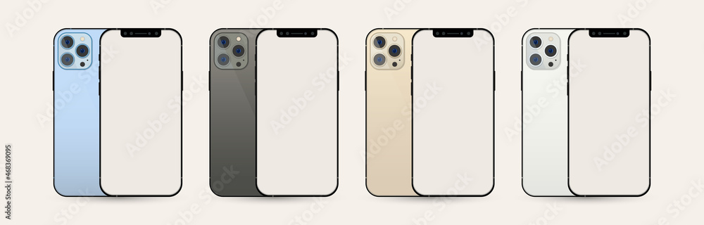 Poster iphone mobile set vector with colorful frames and a triple camera. mobile phone backside and front s