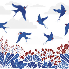 Vector seamless pattern with hand-draw birds. Border pattern with swallows, berries and flowers in classic blue red white colors.