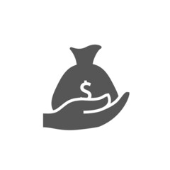 Hand holding dollar bag icon isolated on white background. Trendy hand holding dollar bag icon in flat style. Template for app, ui and logo, vector illustration, eps 10