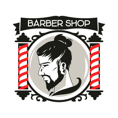 Barbershop Badge or Emblem with barber pole in Vintage Style