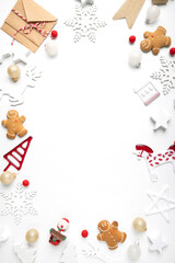 White christmas background. Frame with Christmas gift boxes, collection decorations  for mock up template design. View from above. Flat lay