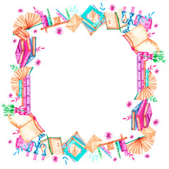 Watercolor frame with library books ink flowers scrolls candelabra flowers gifts branches on a white background 06