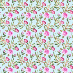 Watercolor pattern with roses, tulips, leaves, branches