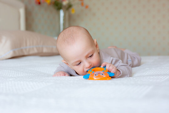 baby boy with a rattle on the bed