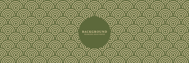 Japanese repeat ocean waves seigaiha pattern texture background. Seamless wavy circles pattern background in asian oriental style. Geometric green scale vector pattern background print.