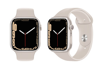 Smart Wrist Watch - Apple Watch 7 series, in front side and sideways, in official white color, on white background. Realistic vector illustration