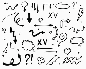 Big set of doodle vector arrow, chat icons, heart and thinking cloud icons. Isolated. Hand drawn collection of elements for design