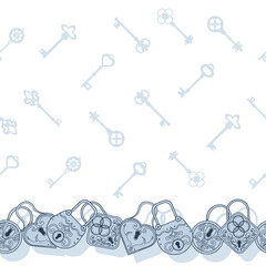 Vector hand drawn vintage keys and locks seamless pattern print background.
