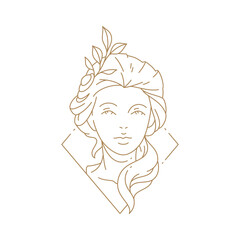 Monochrome simple bust portrait antique woman Greek goddess in hand drawn rhombus frame