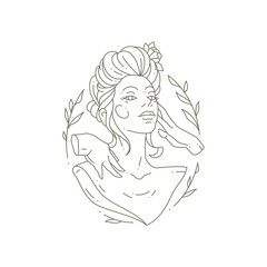 Romantic woman bust with antique hairstyle and natural leaves botanical frame monochrome logo