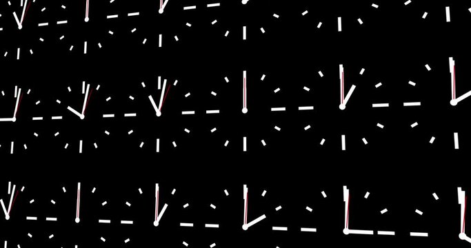 Alarm Clock animation. Seamless motion animated footage, black background, time concept. Move over many clocks, 24 hour Timelapse, spinning seamless loop. Wall Clocks in different time zones. 