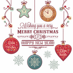 Christmas Noel Navidad Christmas lettering with Christmas decorations and toys winter holidays in vintage style.