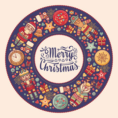 Christmas Noel Navidad Christmas lettering with Christmas decorations and toys winter holidays in vintage style. Angel, heart, Nutcracker, snowman, bell, sock, star, deer, wreath in round frame