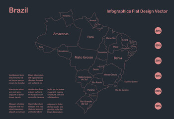 Infographics Brazil map outline, flat design, color blue orange vector