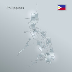 Philippines map and flag, administrative division, separates regions and names, design glass card 3D vector