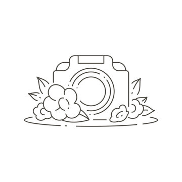 Linear simple logo photo video camera electronic device decorated natural blossom botanical flower
