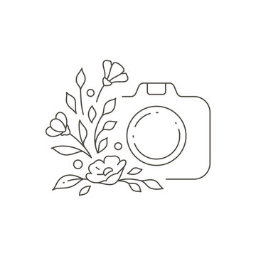 Decorative simple monochrome design of beauty blog with photo camera and flower botanic decor logo