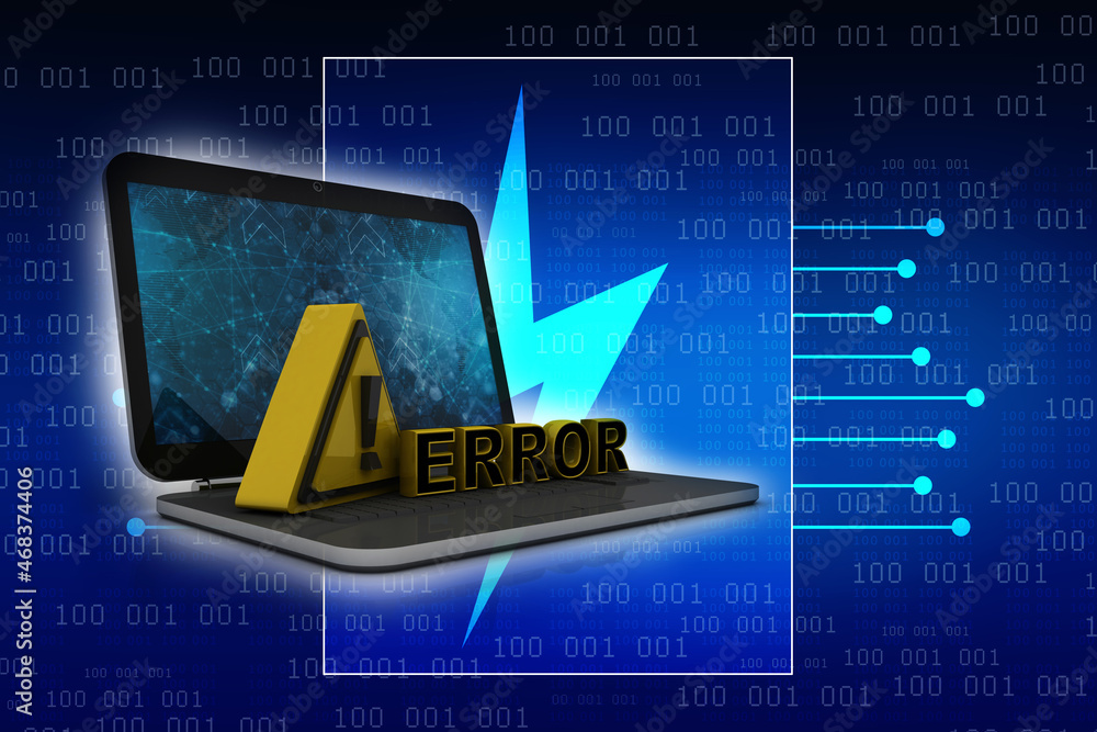 Poster 3d rendering exclamation sign with error in laptop