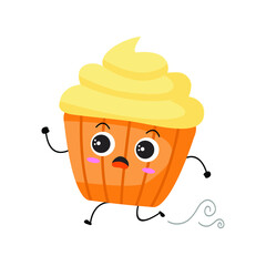 Vector illustration of muffin character with funny expression. Cupcakes. cartoon monster isolated on white background, simple minimal style, for mascot or emoticon collection. panic run