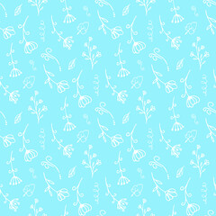 Light blue background with white hand drawn decorative floral elements