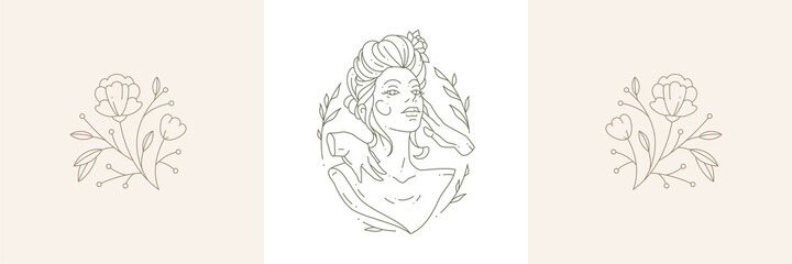 Minimalist elegant flower and blossom woman head at triangle circle frame card set vector