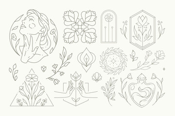 Monochrome linear logo set fashion woman emblem, natural botanical blossom flower decorative design