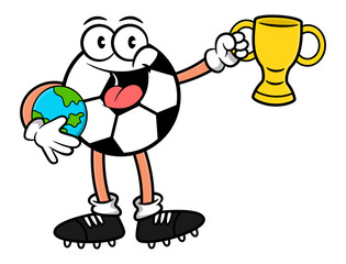 Cartoon illustration of Soccer Ball wearing football boots holding a globe and trophy, best for mascot, logo, and sticker for soccer tournament for kids