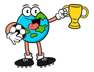 Cartoon illustration of Globe wearing football boots holding a soccer ball and trophy, best for mascot, logo, and sticker for soccer tournament for kids