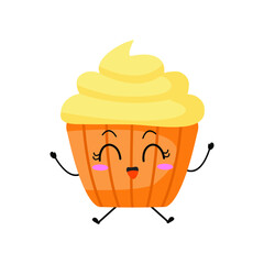 Vector illustration of muffin character with funny expression. Cupcakes. cartoon monster isolated on white background, simple minimal style, for mascot or emoticon collection. jump and happy