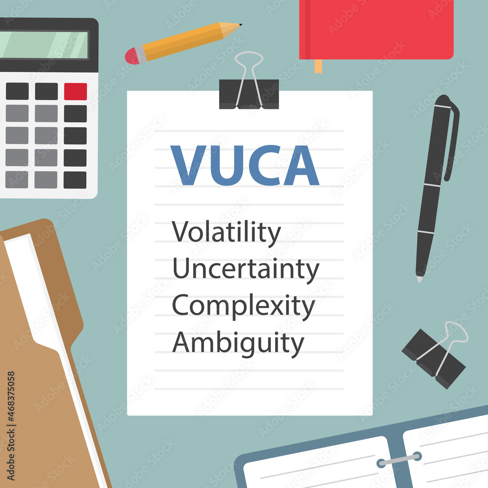 Poster vuca volatility uncertainty complexity ambiguity written on paper document, flat lay office composit