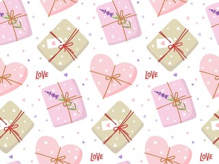 Romantic Gift boxes seamless pattern. Handmade Packaging in Pink and craft paper. Love lettering. Eco friendly packaging gifts. Flat vector repeated background for wallpaper, wrapping, packing.