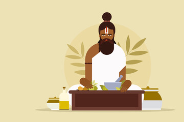 Illustration of an ancient Ayurveda parcticioner with herbal ingredients - obrazy, fototapety, plakaty