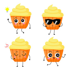 Vector illustration of muffin character with funny expression. Cupcakes. cartoon monster isolated on white background, simple minimal style, for mascot or emoticon collection. four adorable set