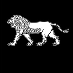 Cartoon drawing:  growling lion, a character in Assyrian mythology. White Vector illustration isolated on a black background.