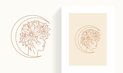 Art deco abstract woman head blossom flower with half moon minimalistic linear logo postcard set