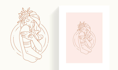 Elegant female with blossom flower hair posing with closed eyes in circle frame line art icon card