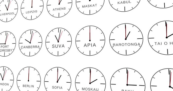 Alarm Clock animation. Seamless motion animated footage, white background, time concept. Move over many clocks, 24 hour Time lapse, 3d camera move. Wall Clocks in different time zones. 