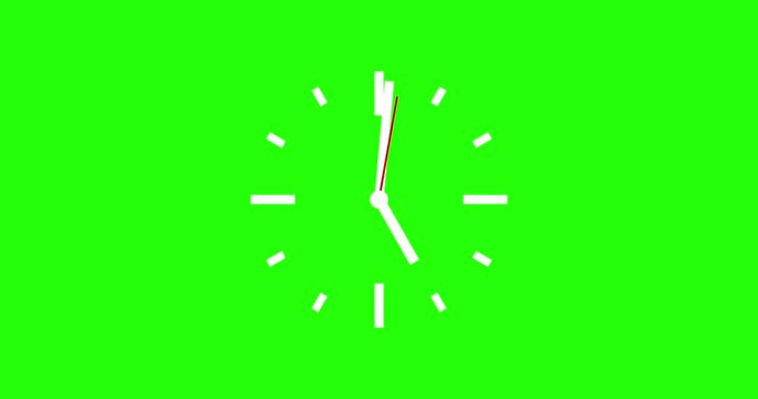 Wall Clock animation. Seamless motion animated footage, green background, time concept. Watch with moving arrows, 12 hour Timelapse, spinning clock in 24 hour seamless loop. Clock animated 