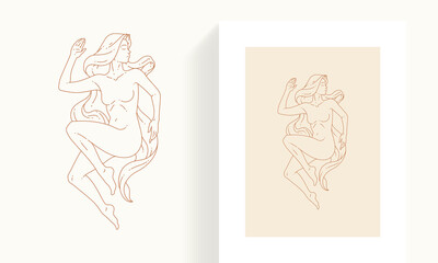 Line art simple hand drawn woman naked body lying with long hair monochrome icon postcard set