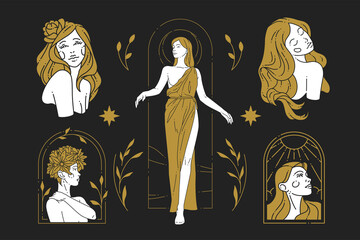 Antique goddess Greek woman with blossom botanical abstract golden and black design icon set - obrazy, fototapety, plakaty